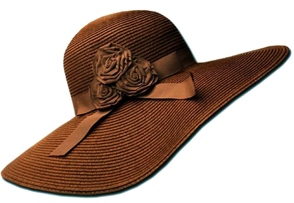 Brown sun hat with a decorative flower and ribbon on a white background