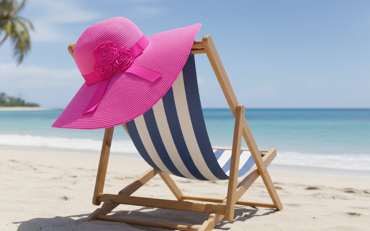 Pink sun hat with a flower and bow on a white background