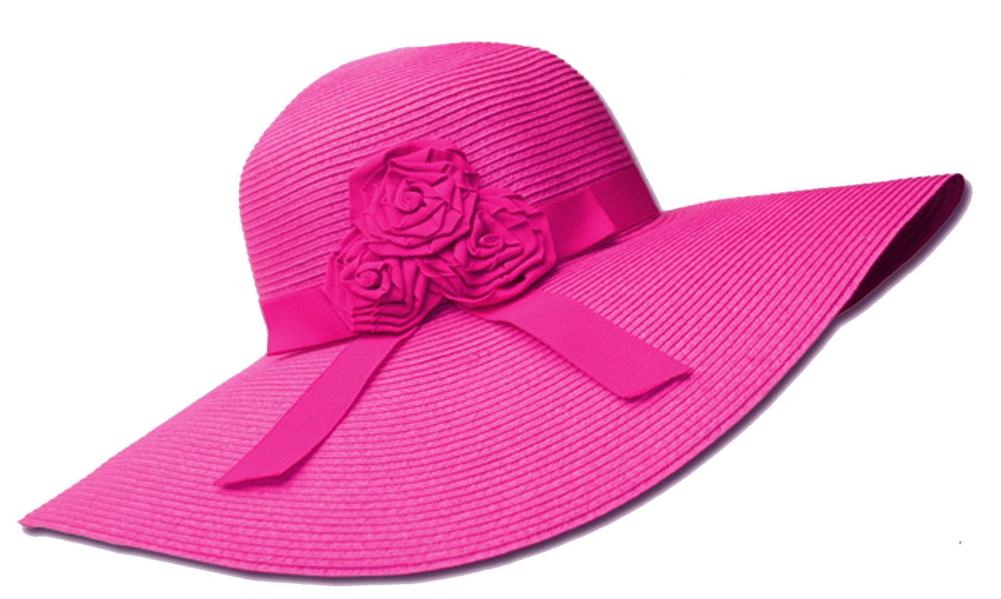 Pink sun hat with a flower and bow on a white background
