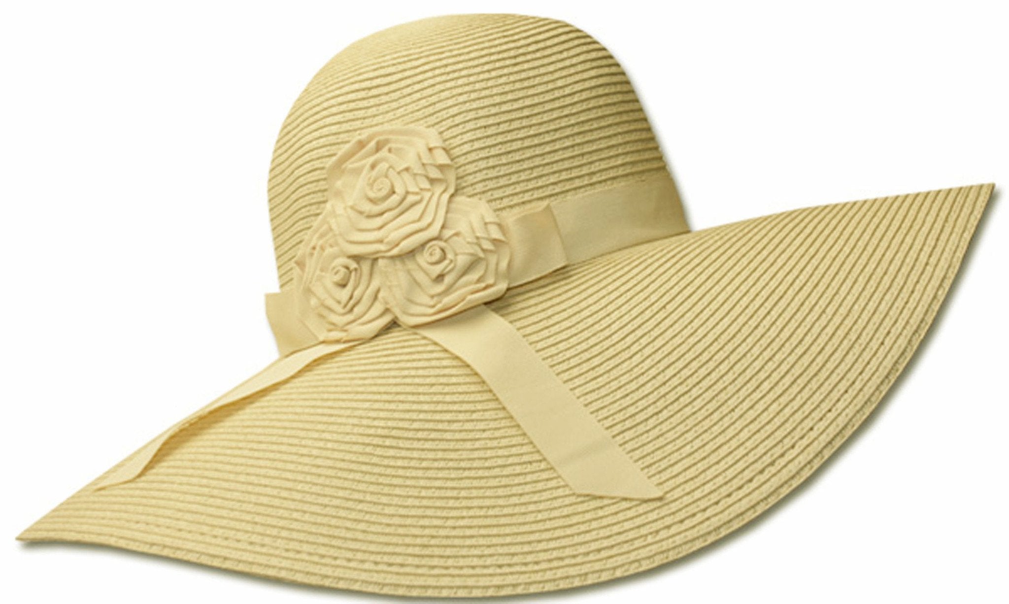 Beige straw hat with floral embellishments on a white background