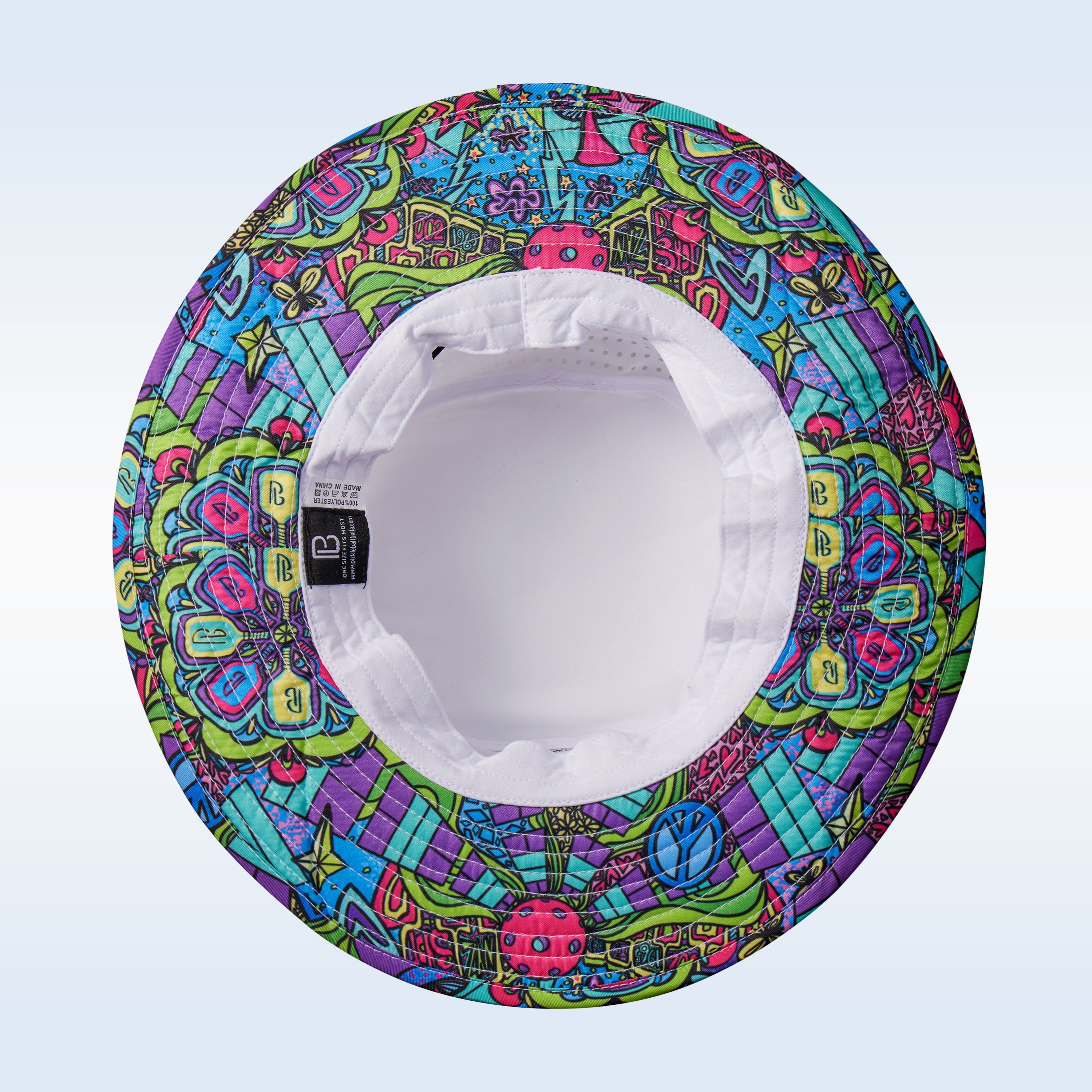 Colorful patterned bucket hat on a light blue background