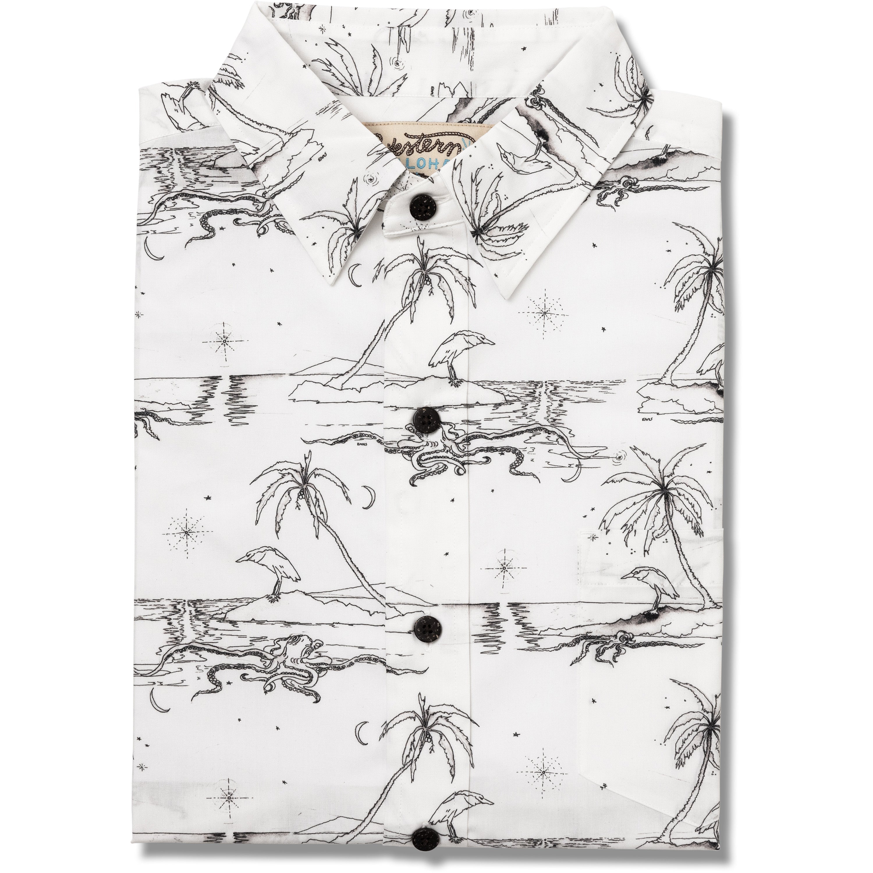 White shirt with black palm tree and wave pattern on a white background