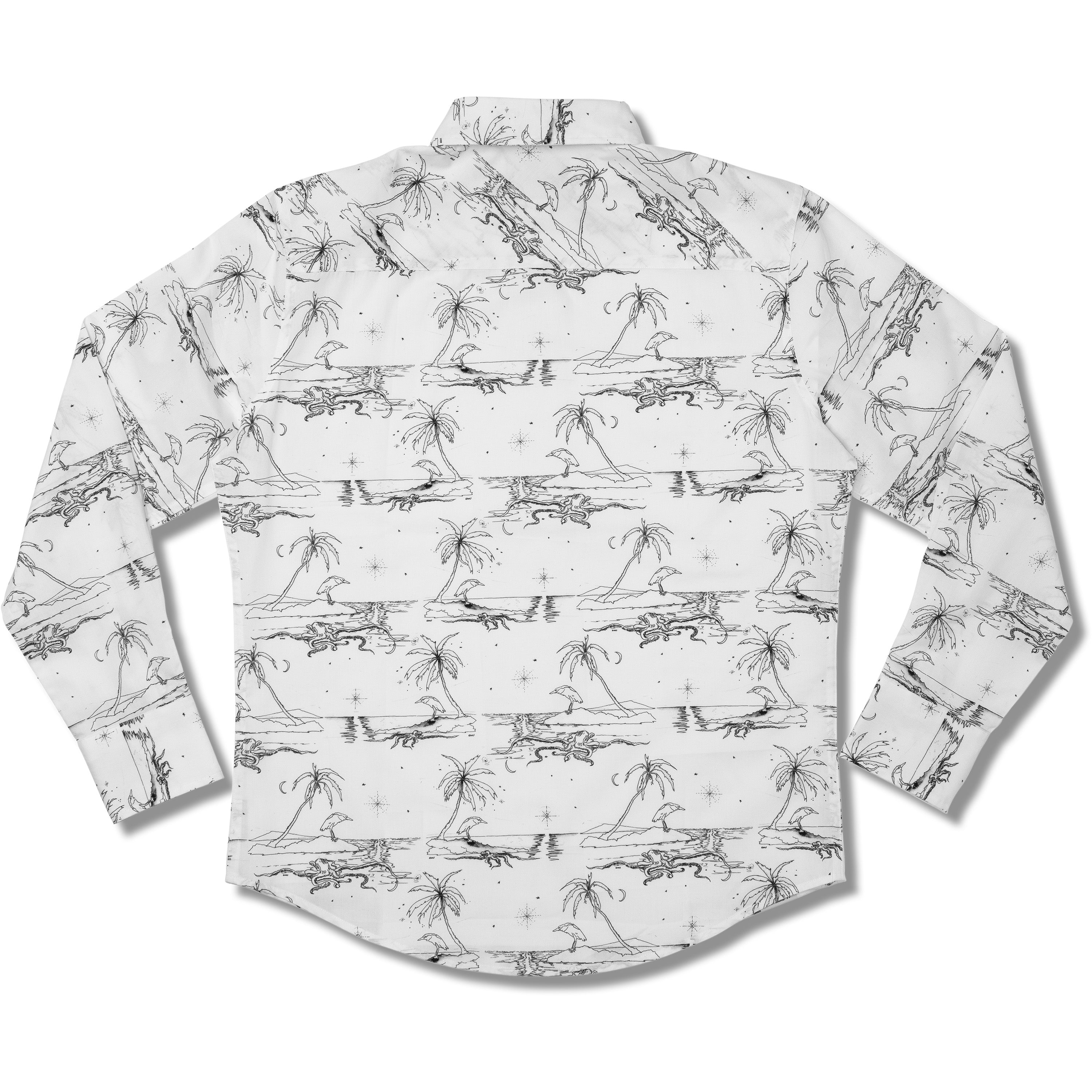 White shirt with black palm tree and surfboard pattern on a white background