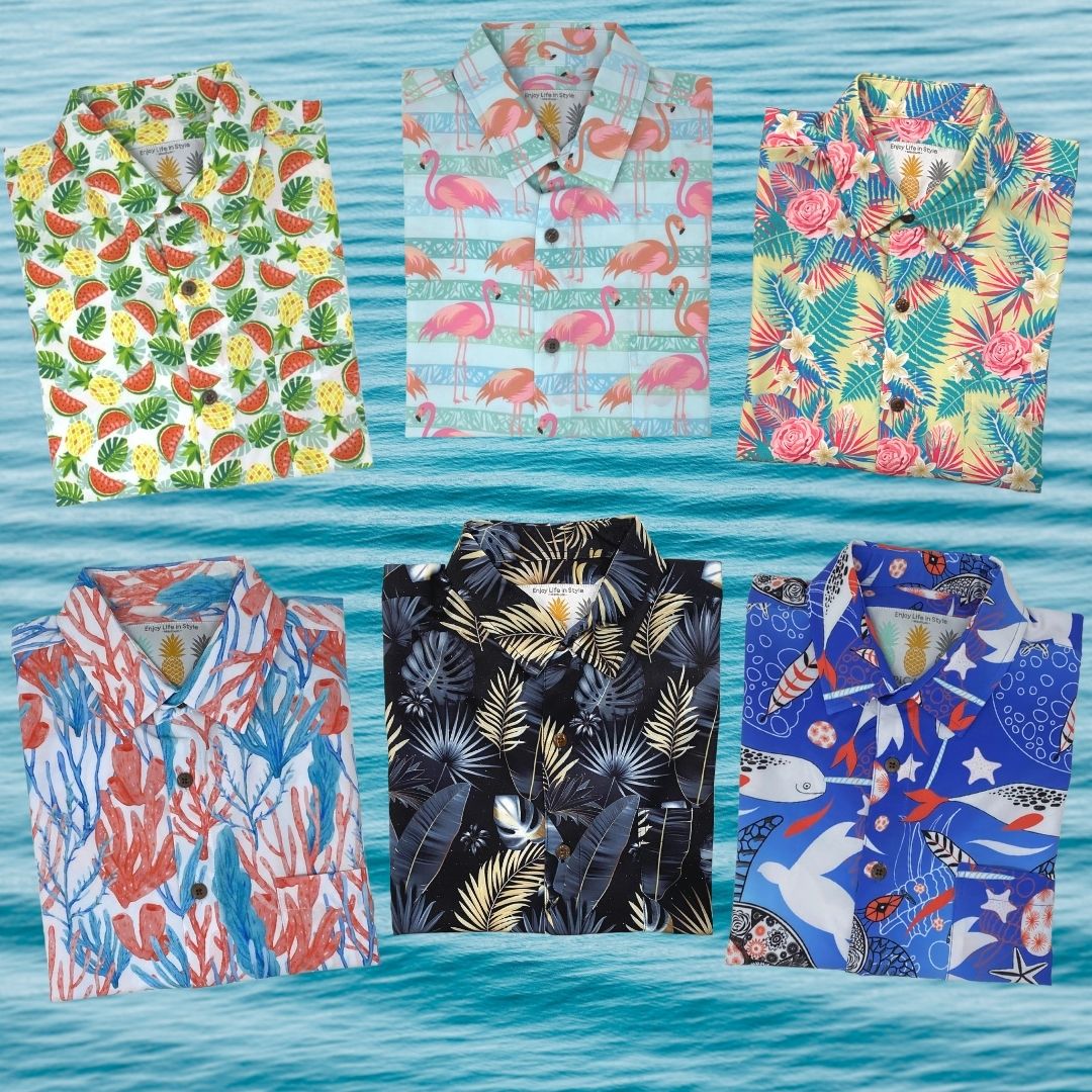 Collection of colorful patterned shirts on a blue water background