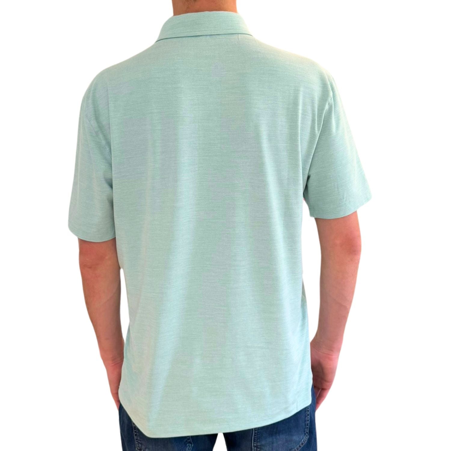 Light blue polo shirt worn by a person on a white background