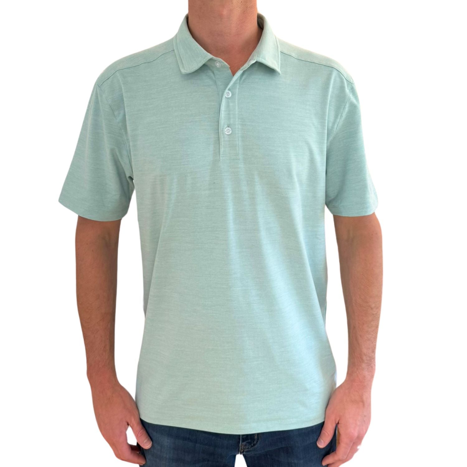 Light blue striped polo shirt worn by a person on a white background