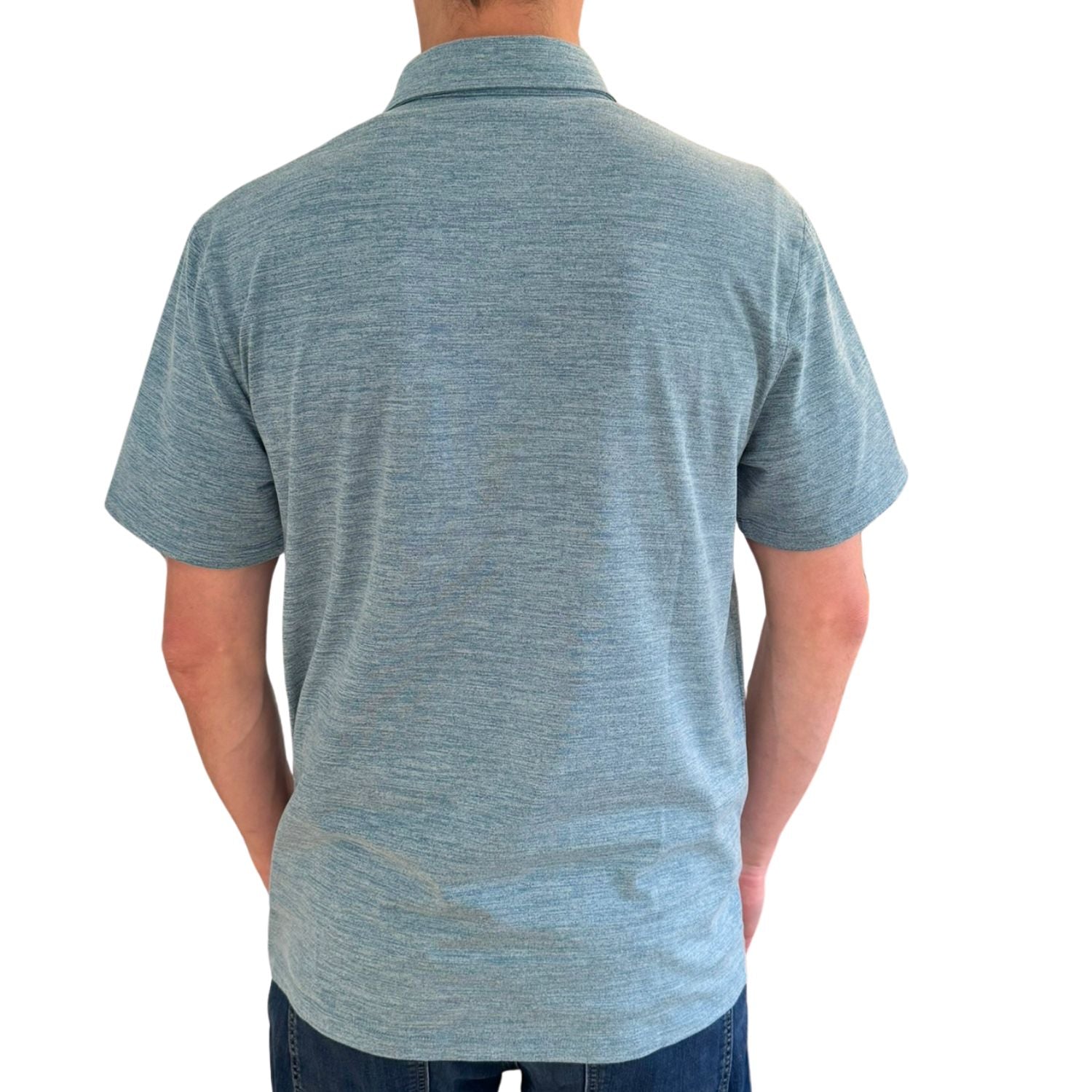 Back view of a person wearing a blue polo shirt on a white background