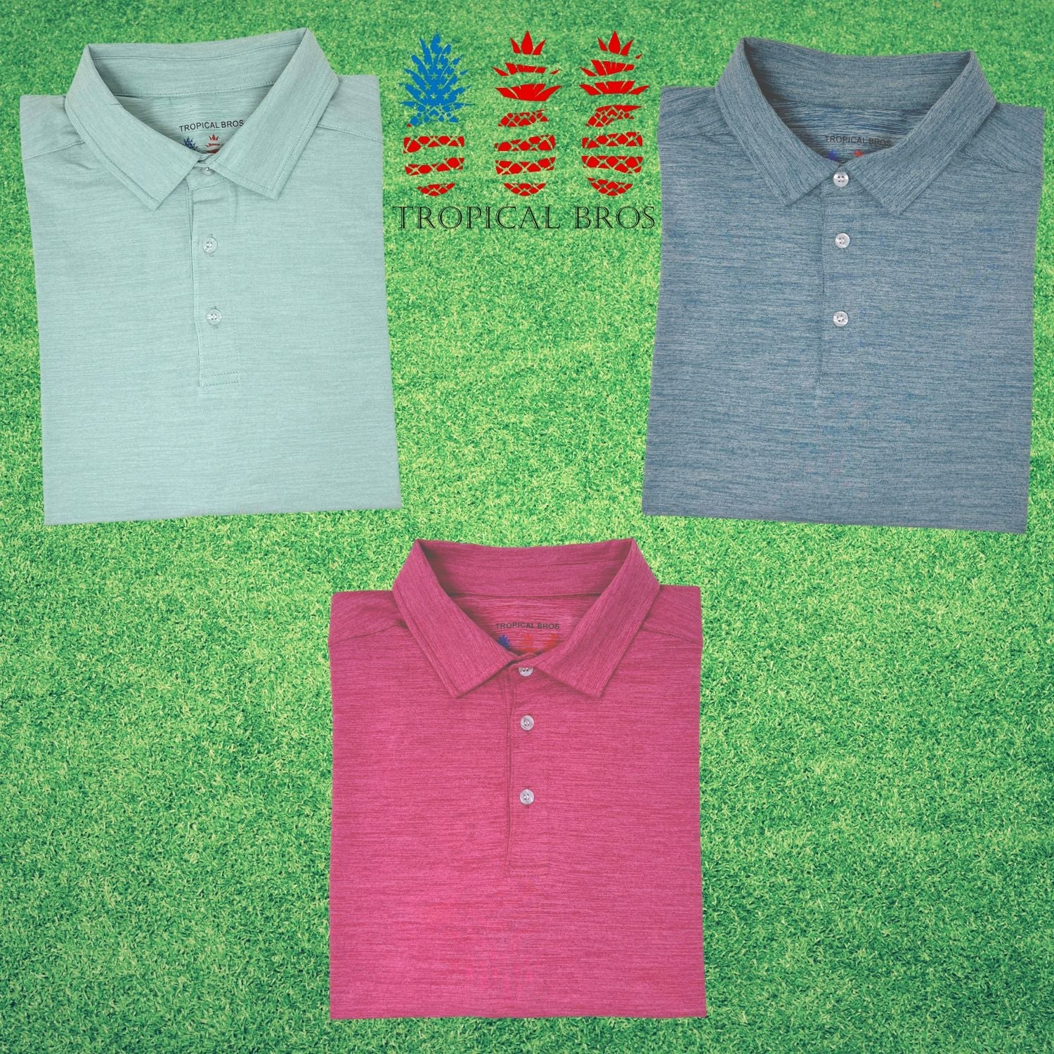 Three folded polo shirts in green, blue, and red on a grassy background with 'Tropical Bros' logo.