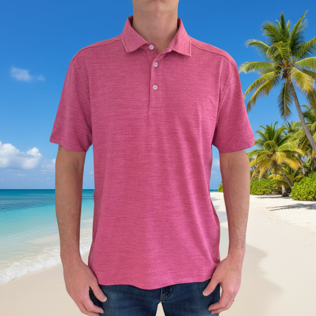 Pink polo shirt worn by a person on a white background