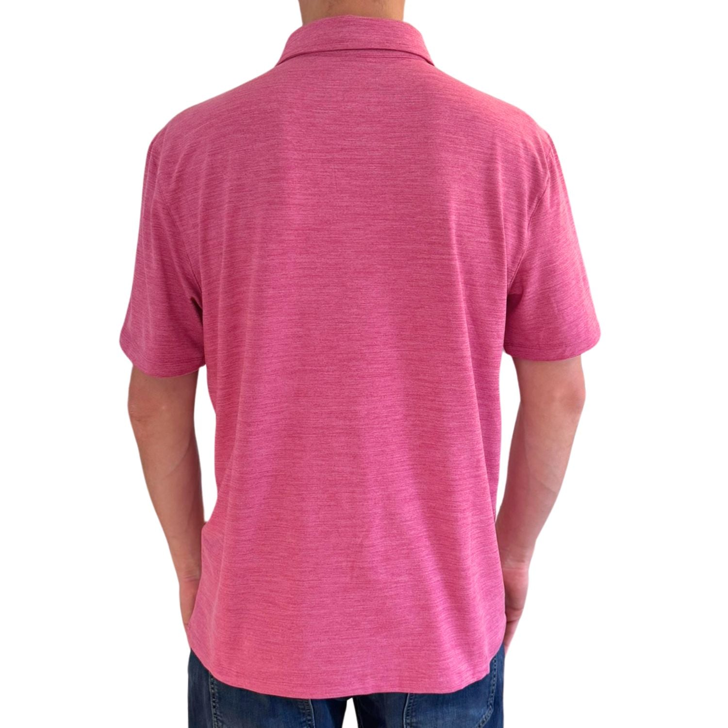 Pink polo shirt worn by a person on a white background