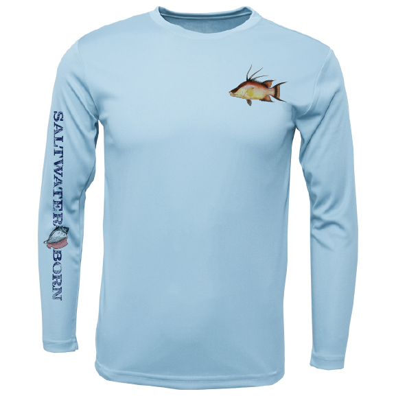 Light blue long-sleeve shirt with fish design and 'Saltwater Born' text on a white background