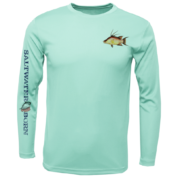 Mint green long-sleeve shirt with fish design and 'Saltwater Born' text on a white background