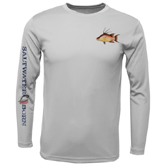 Gray long-sleeve shirt with fish design and 'Saltwater Born' text on a white background