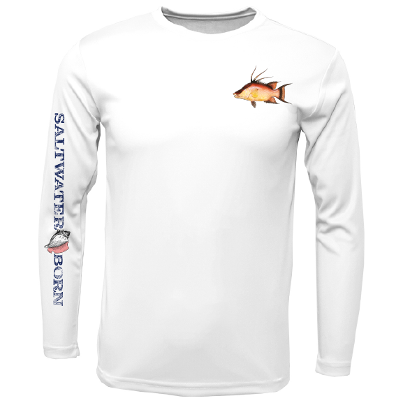 White long-sleeve shirt with fish design and 'Saltwater Born' text on sleeves, on a white background.