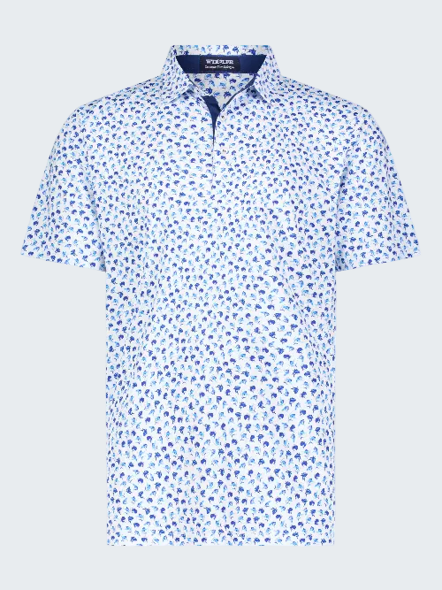 Blue and white patterned polo shirt on a white background