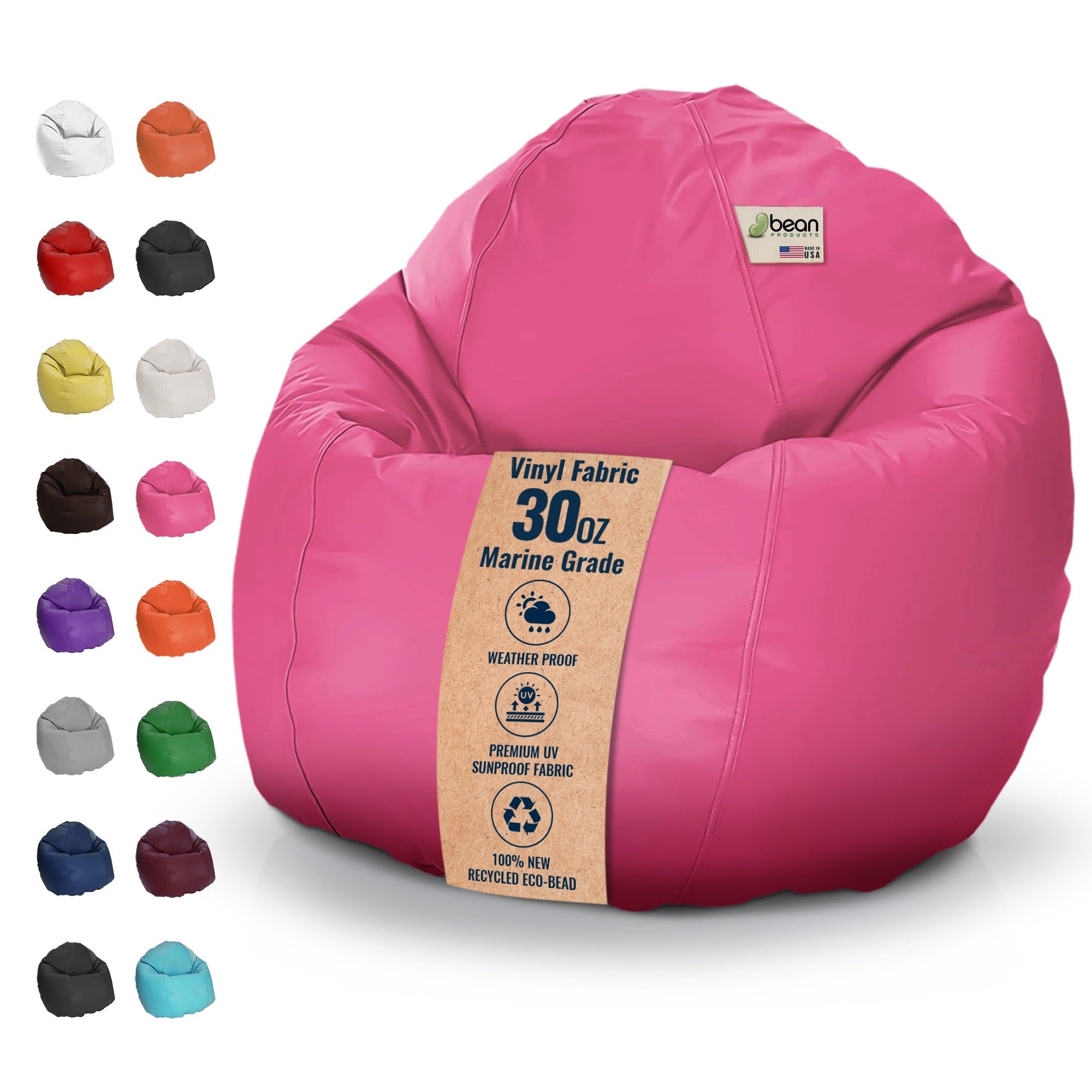Pink bean bag chair with vinyl fabric details and color swatches on a white background
