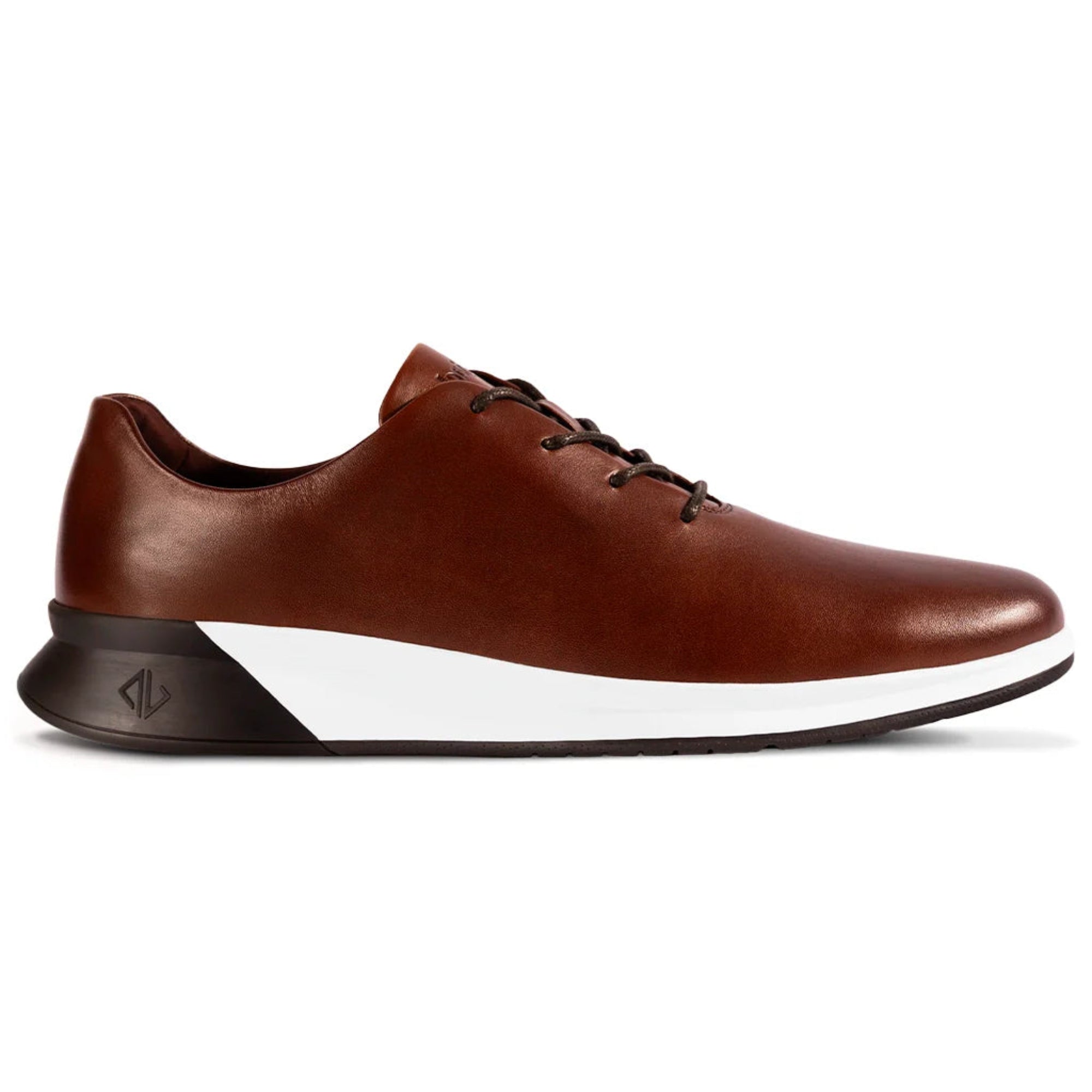 Brown leather shoe with a white sole on a white background