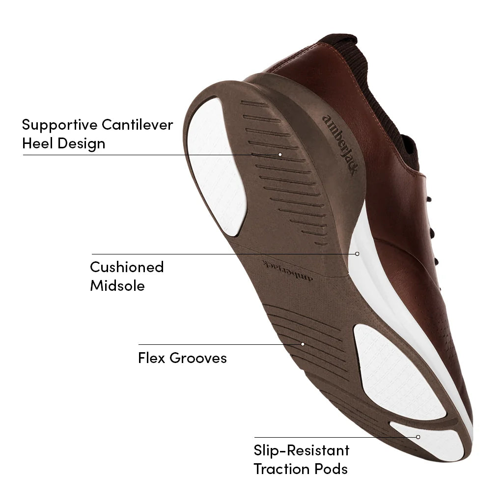 Brown shoe with labeled features on a white background