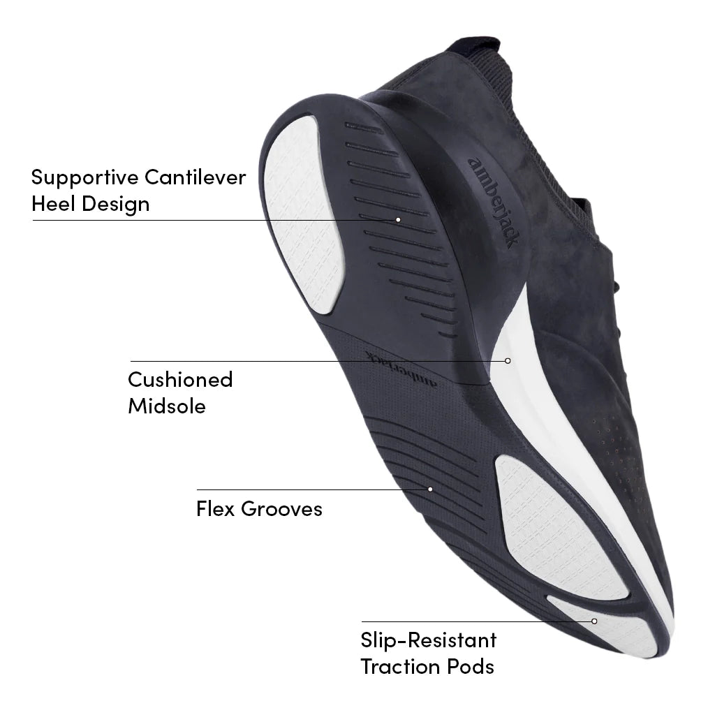 Black and white shoe sole with labeled features on a white background