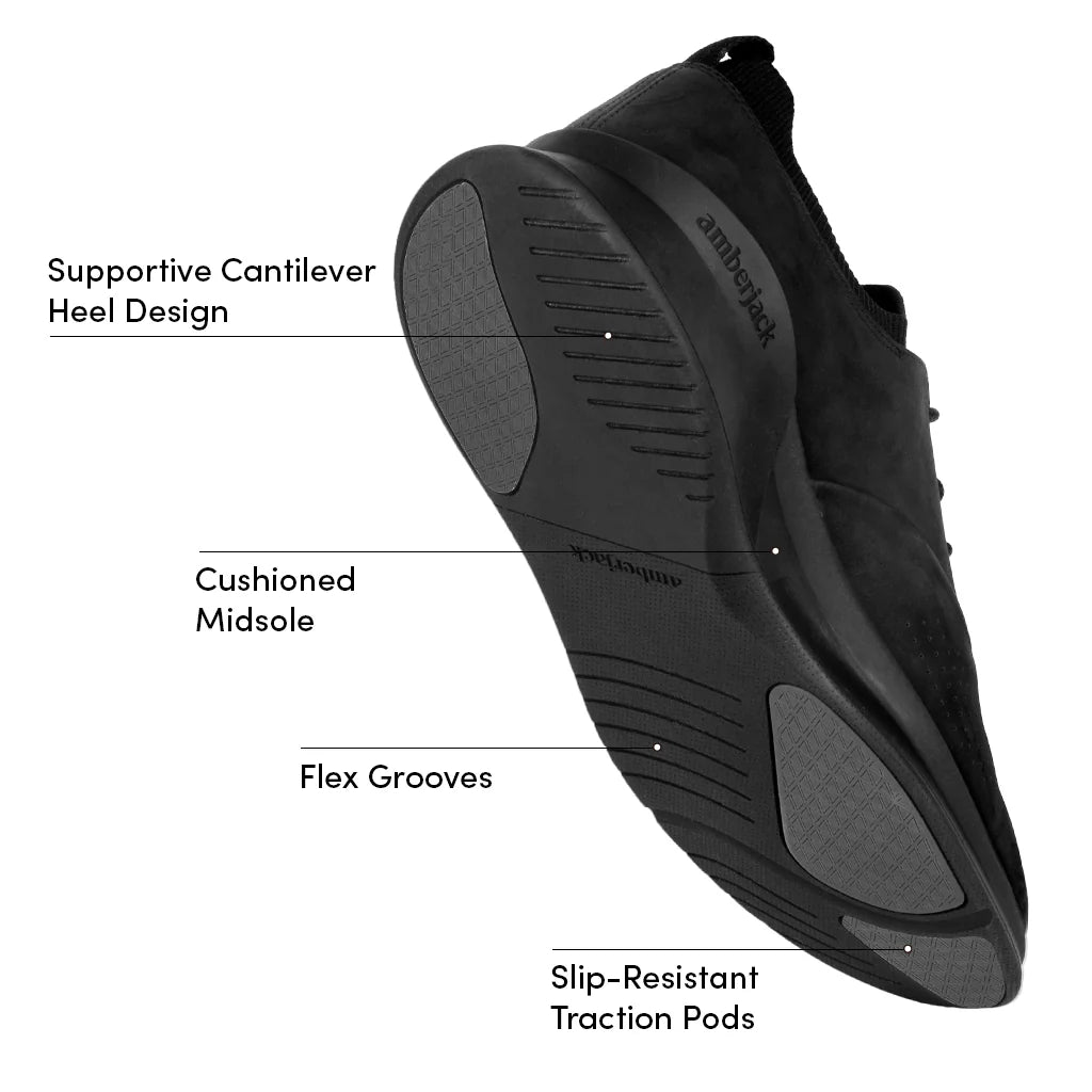 Black shoe with labeled features on a white background