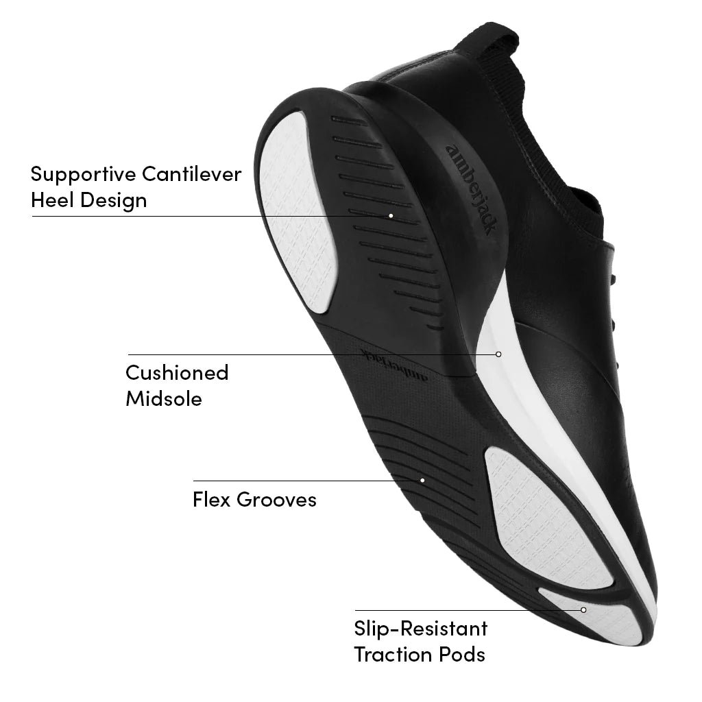 Black athletic shoe with labeled features on a white background
