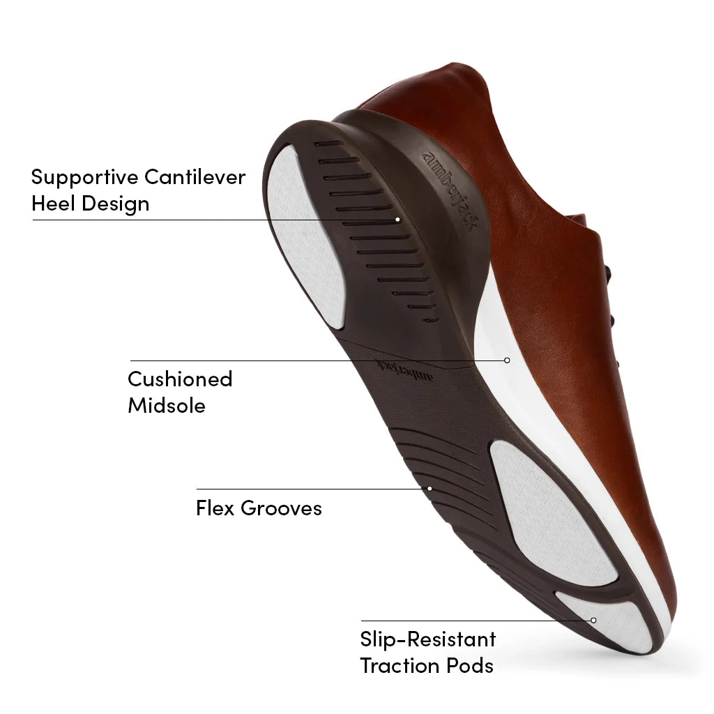 Brown shoe with labeled features on a white background