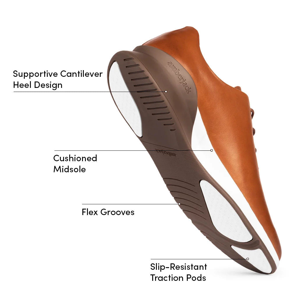 Brown shoe with labeled features on a white background