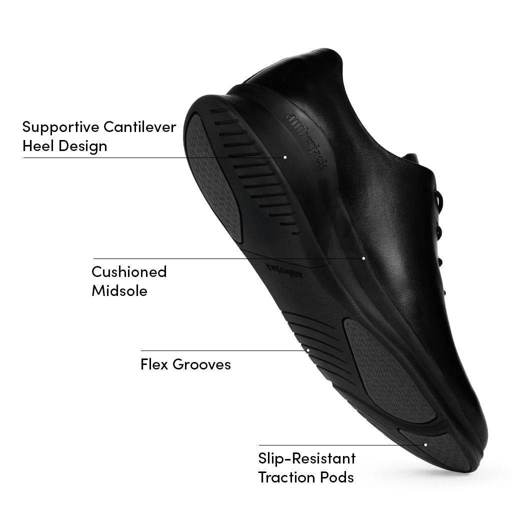 Black shoe with labeled features on a white background