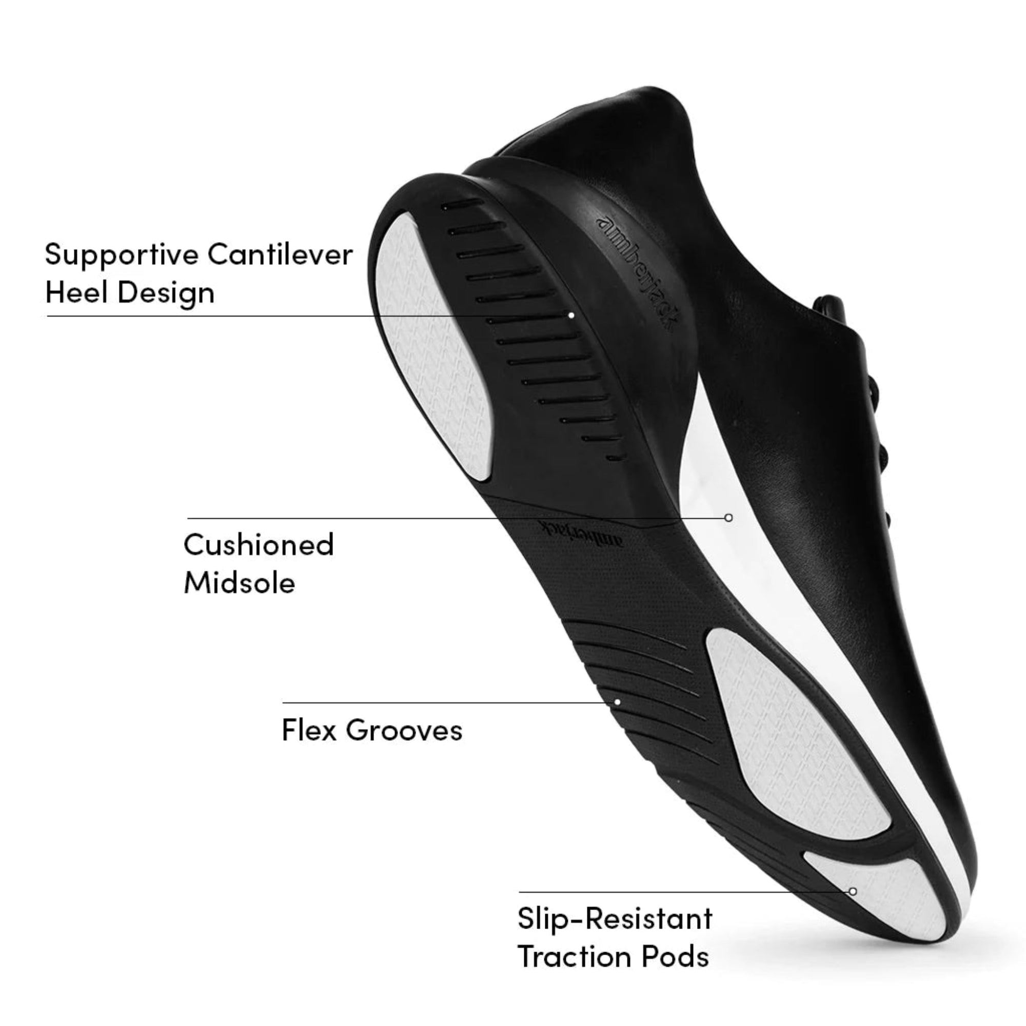 Black shoe with labeled features on a white background