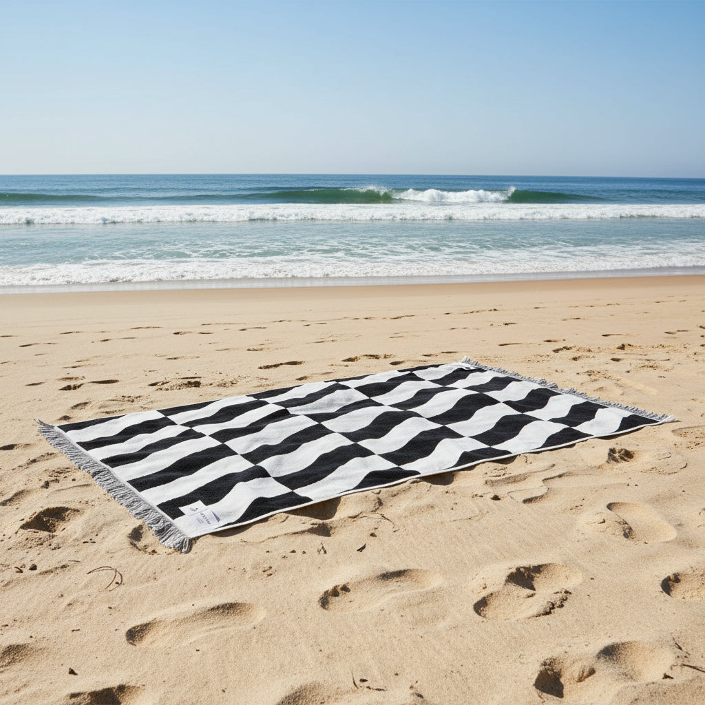 Black and white wavy patterned blanket on a white background