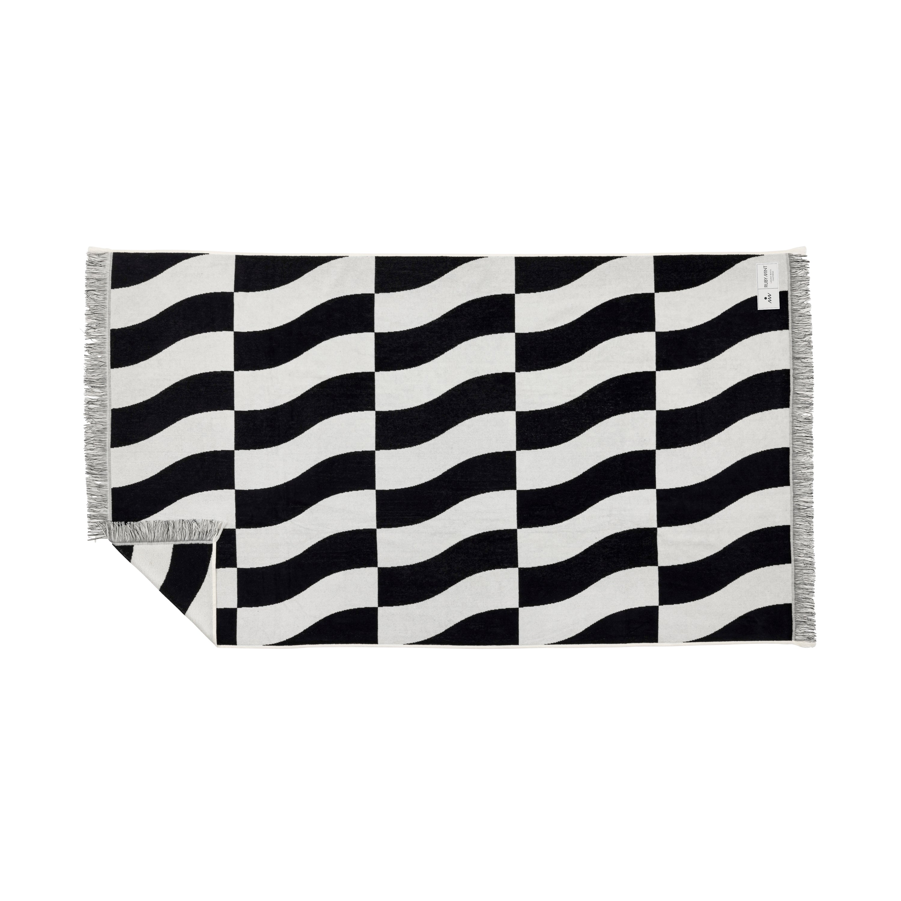 Black and white wavy patterned blanket on a white background