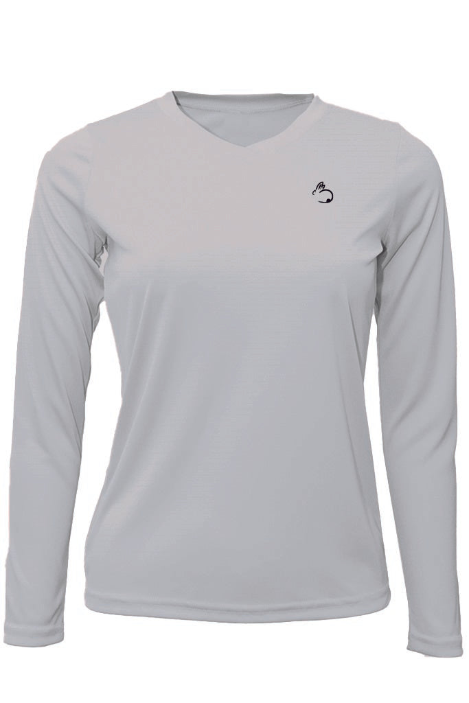 Gray long-sleeve shirt with a logo on a white background