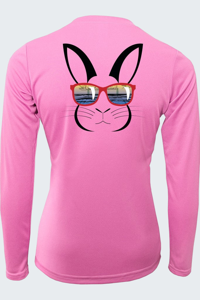 Pink long-sleeve shirt with a bunny face design wearing sunglasses on the back.