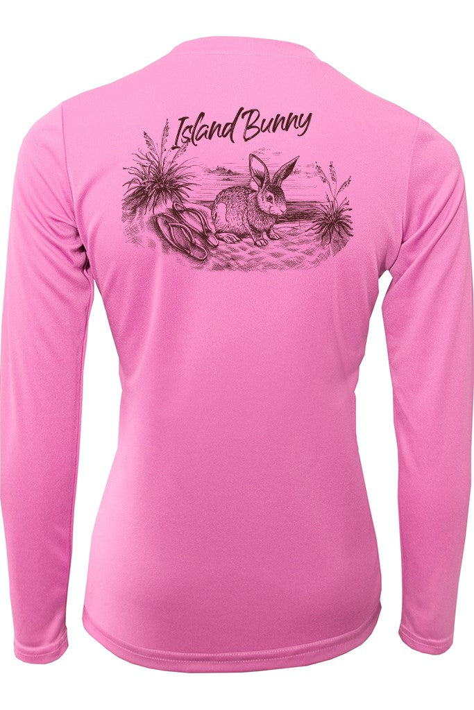 Pink long-sleeve shirt with 'Island Bunny' graphic on the back