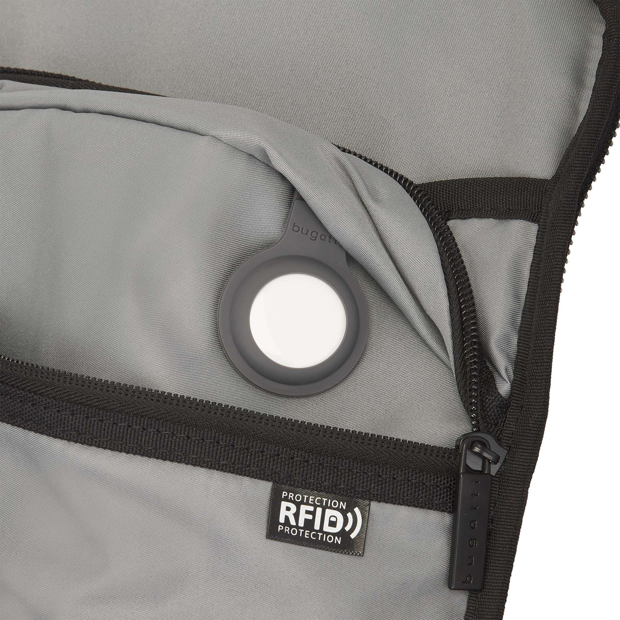 Gray bag with RFID protection label and zipper detail