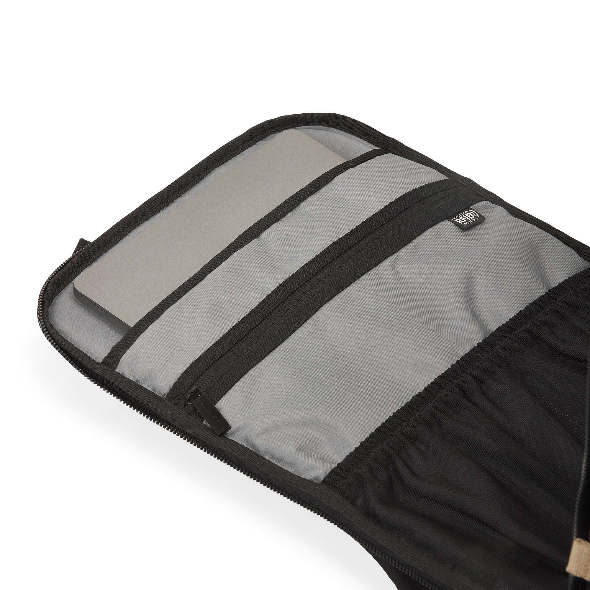 Black and gray travel organizer with a clear window on a white background