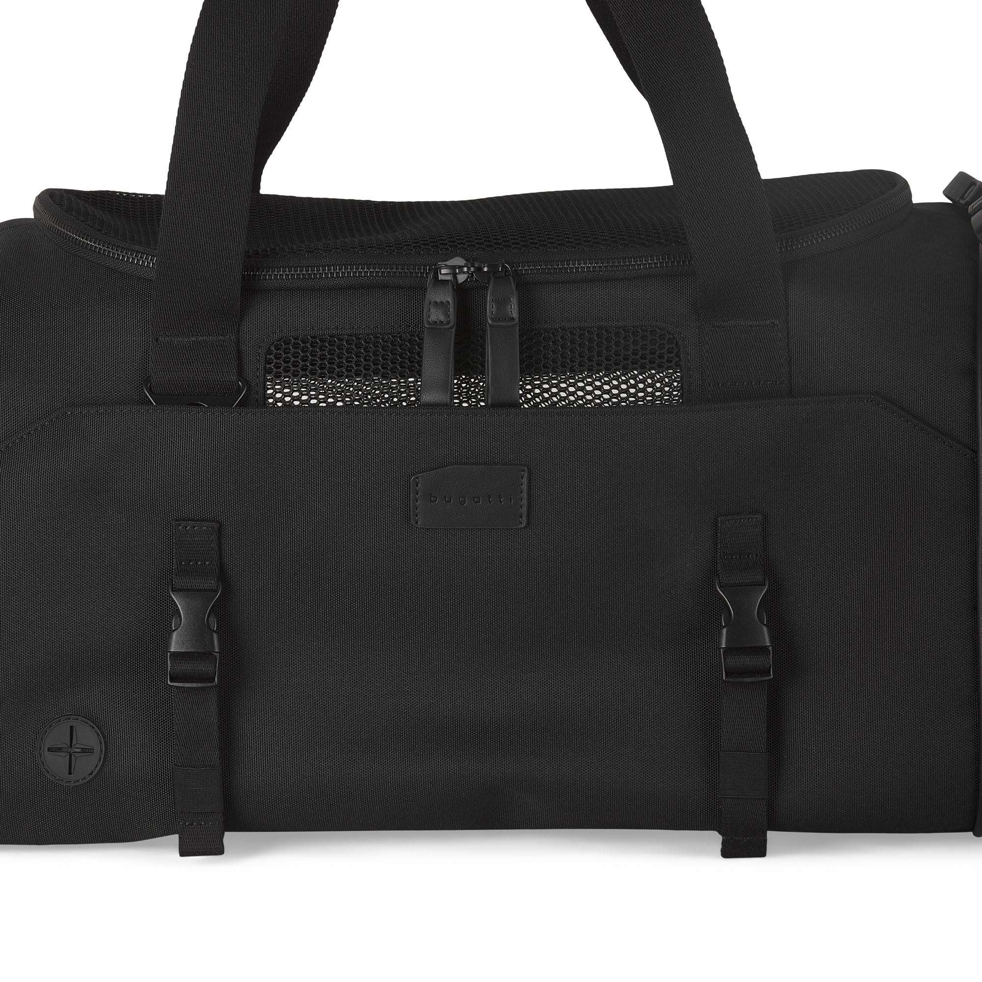 Black duffel bag with straps on a white background