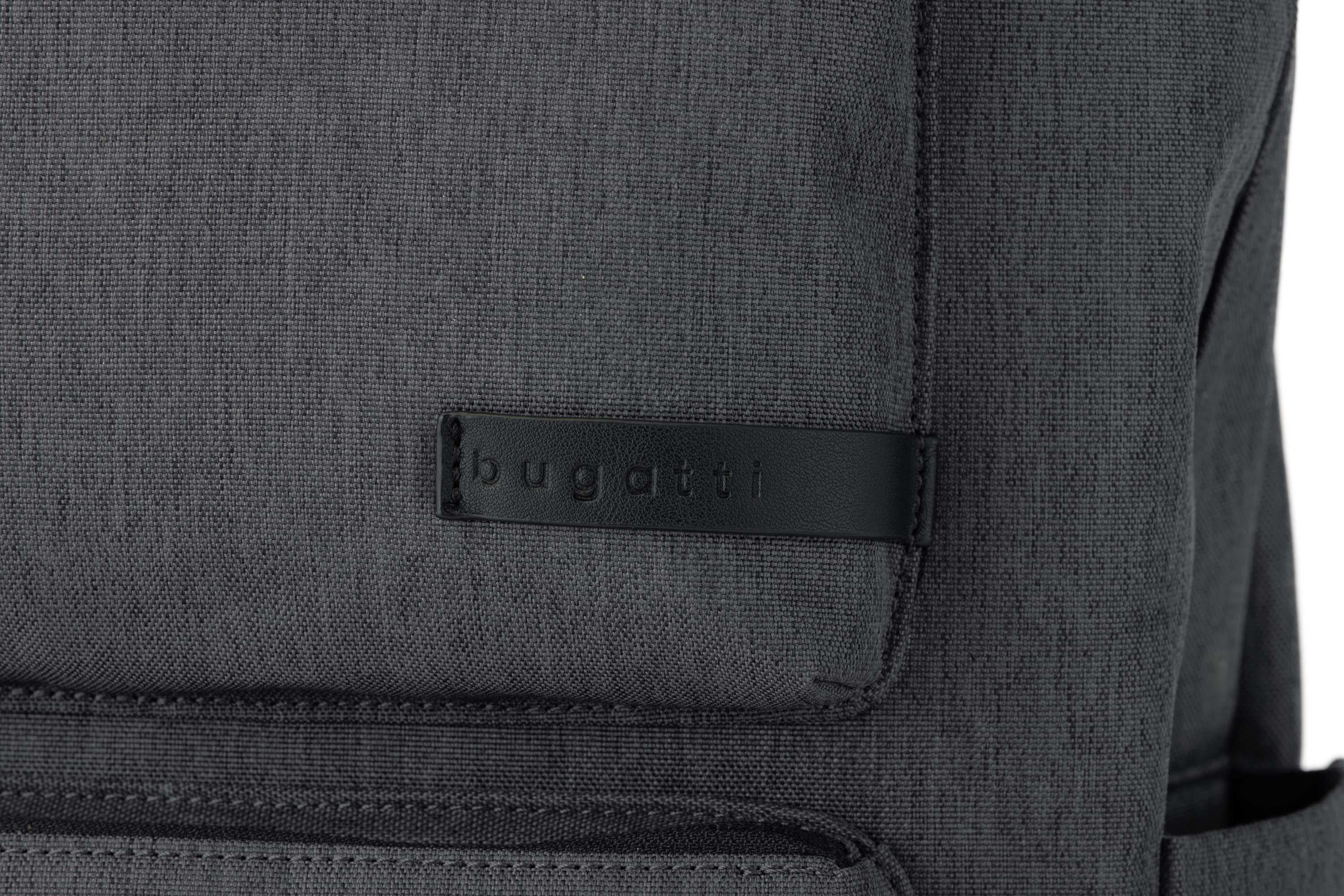 Close-up of a gray backpack with a brand logo on a white background