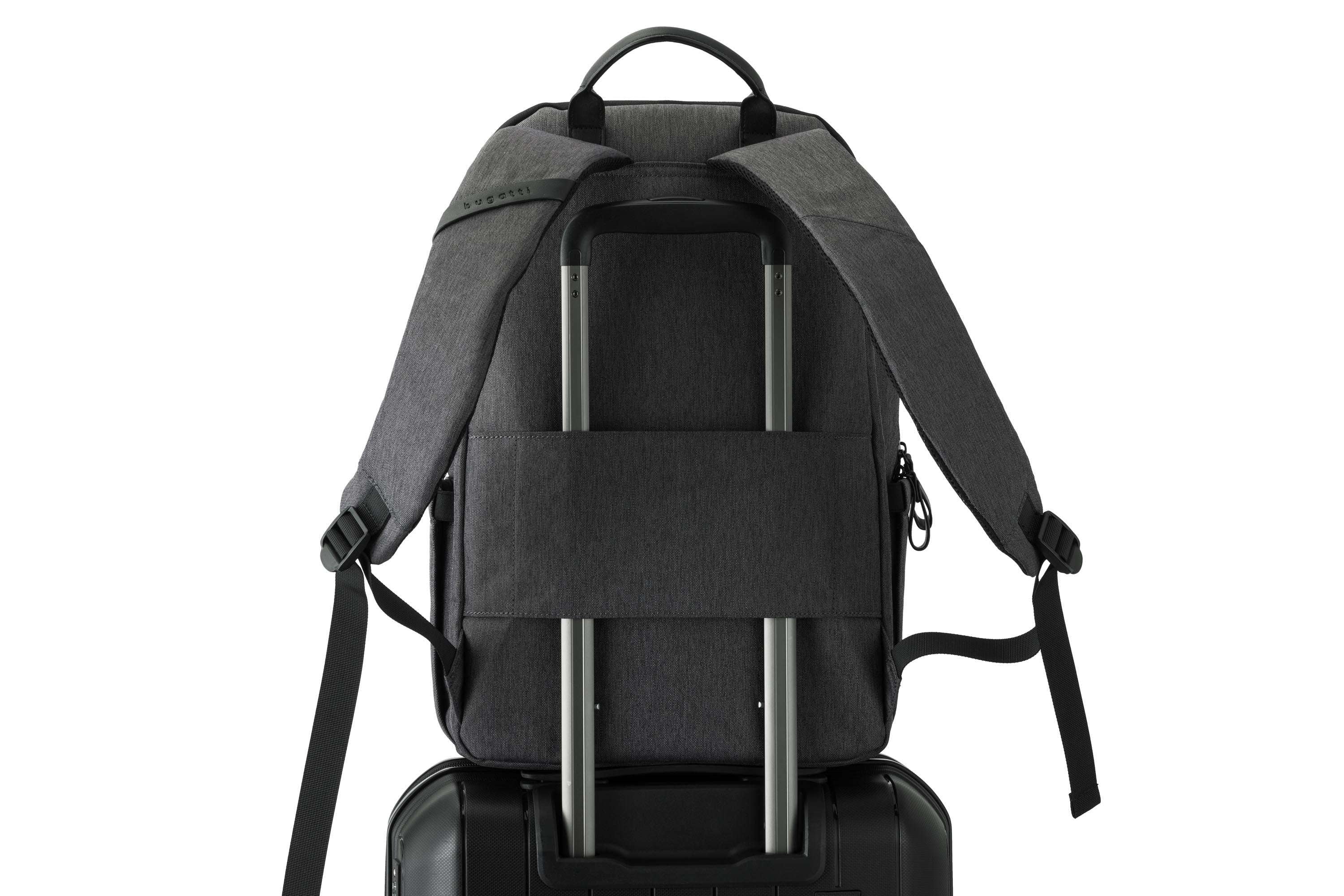 Black backpack with wheels attached to a suitcase on a white background