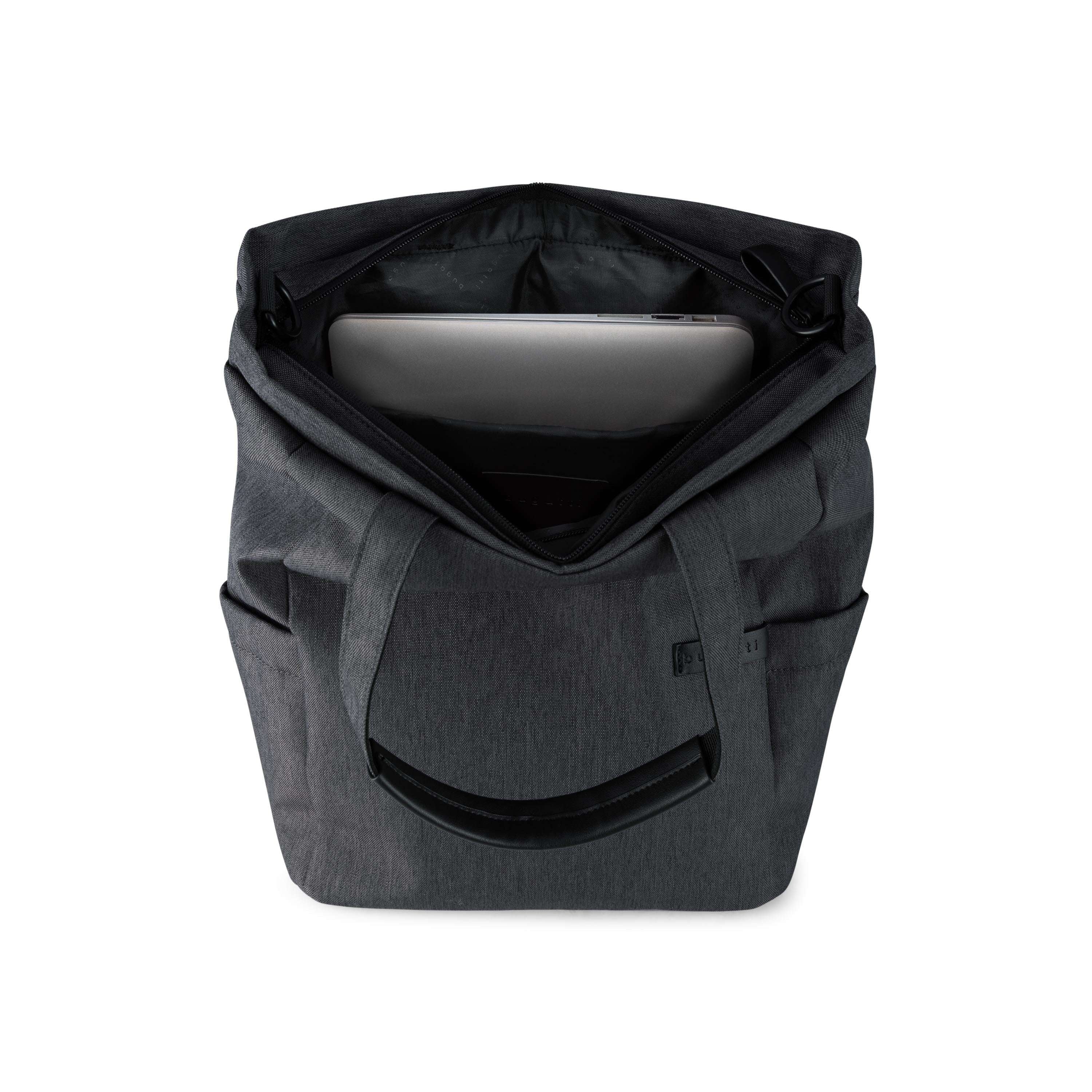Black backpack with a laptop compartment on a white background