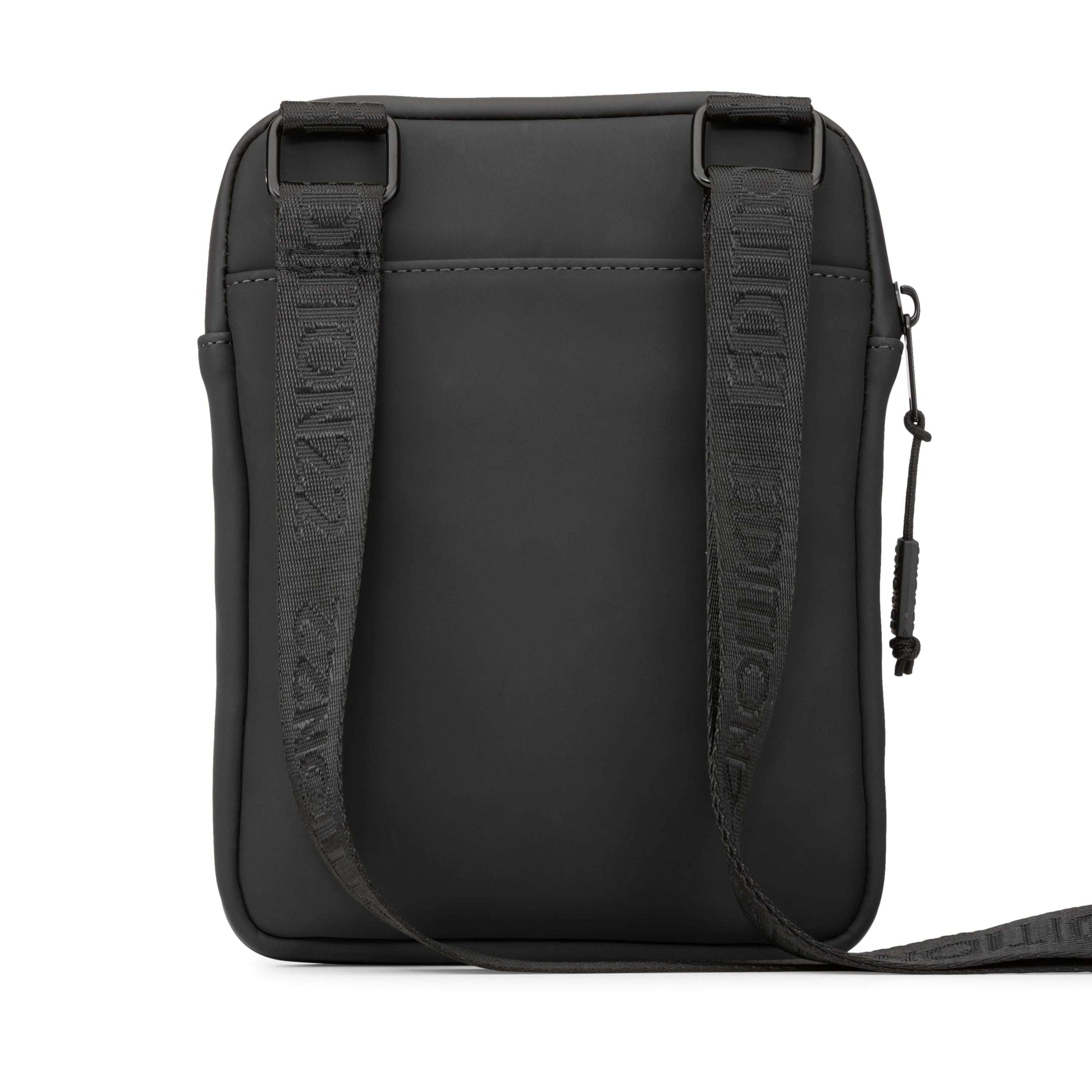 Black crossbody bag with visible brand logo on a white background