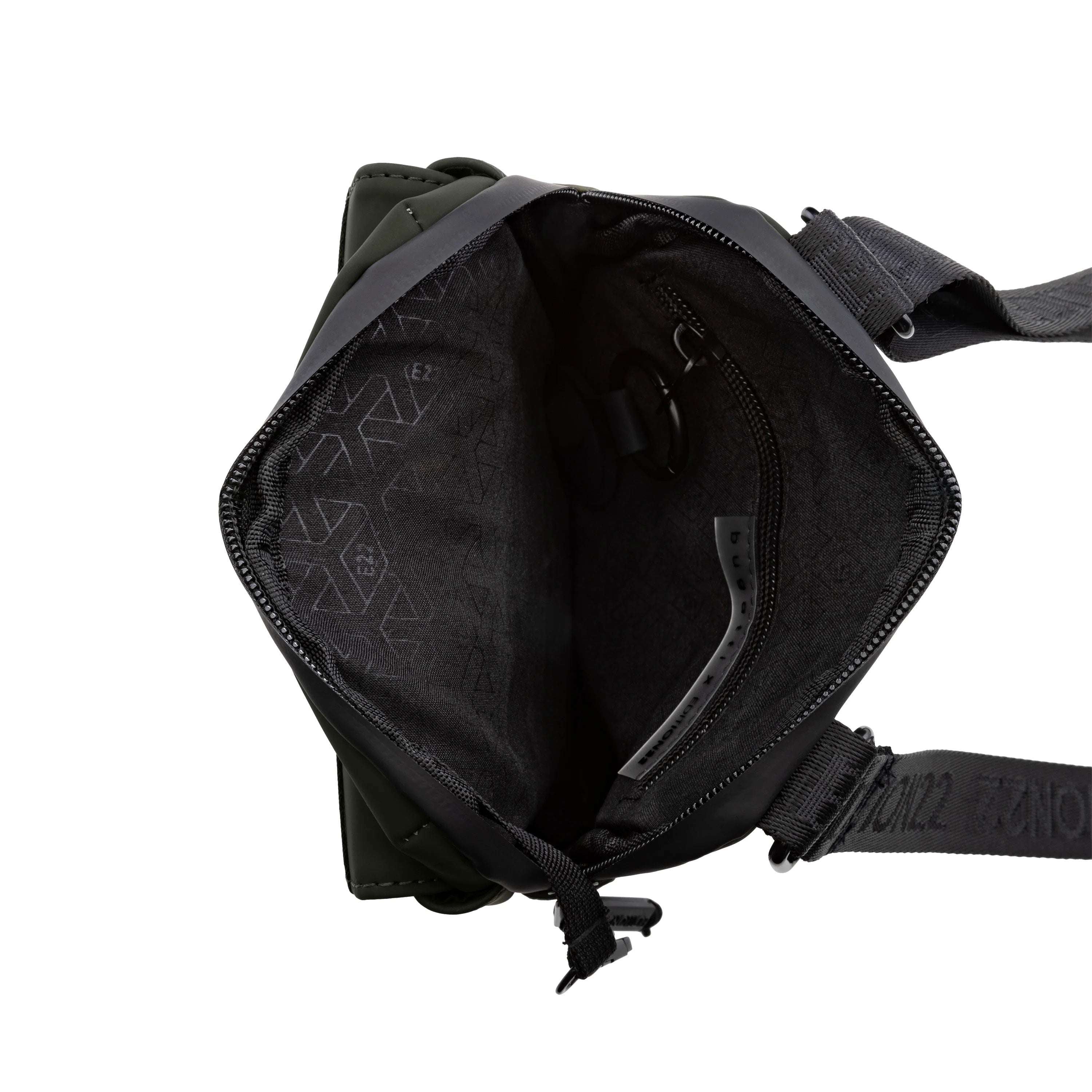 Black sling bag with visible brand logo on a white background