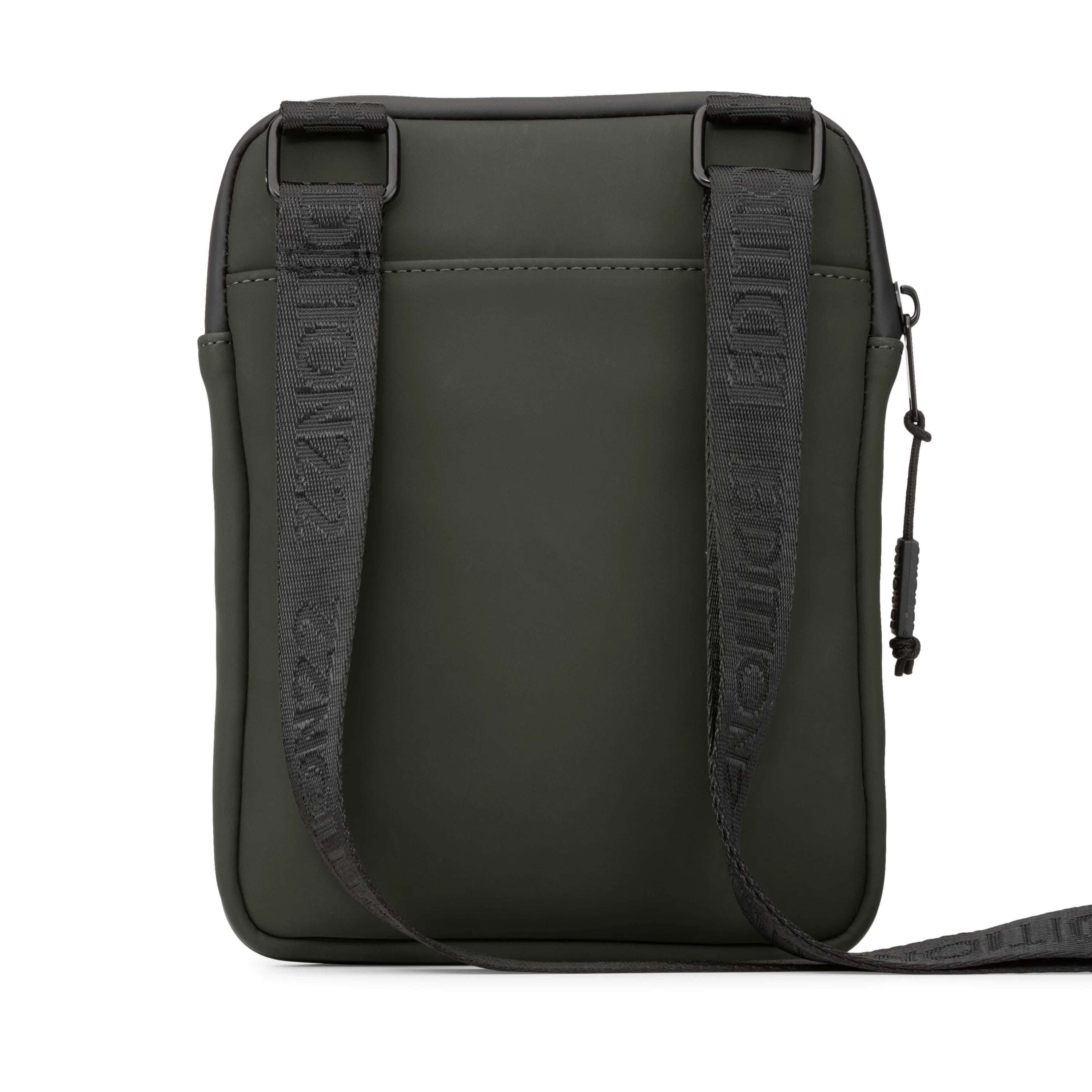 Green crossbody bag with a strap on a white background