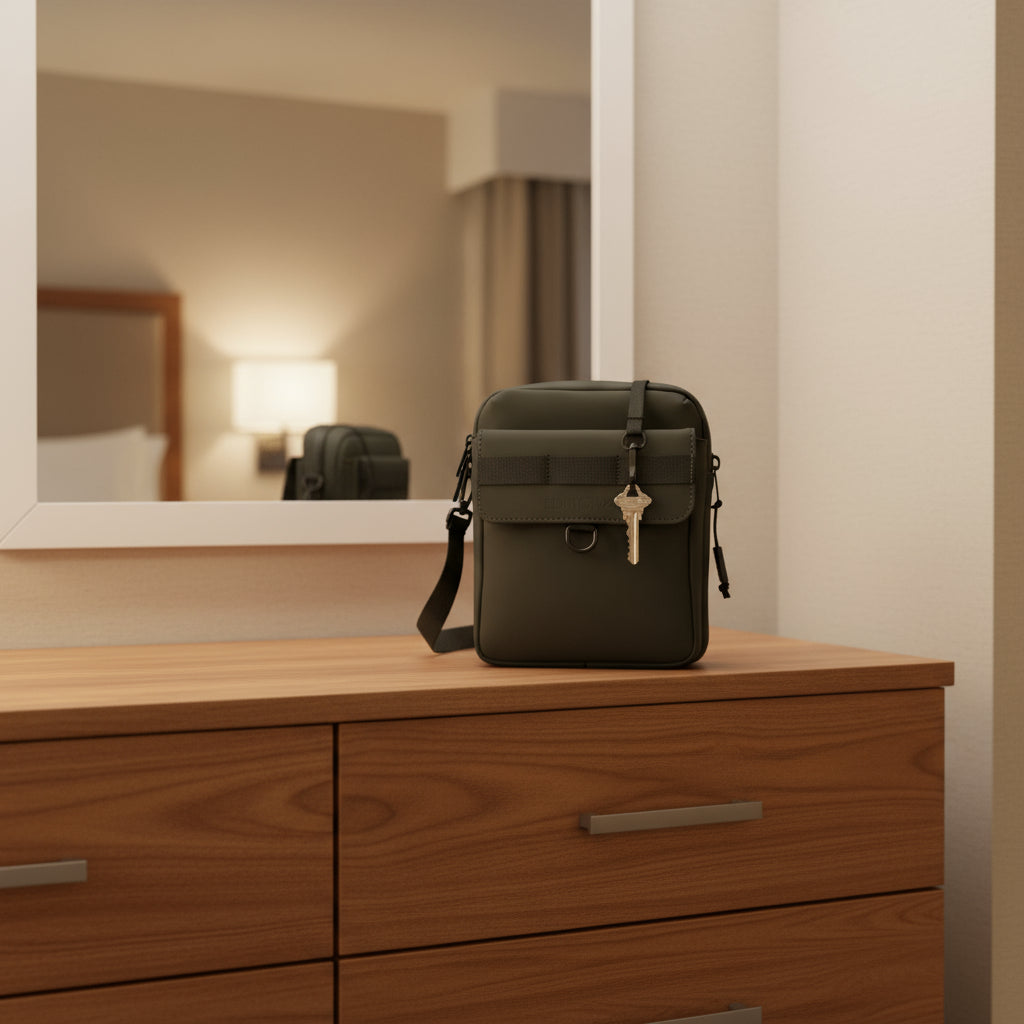 Black bag with a key attached on a white background