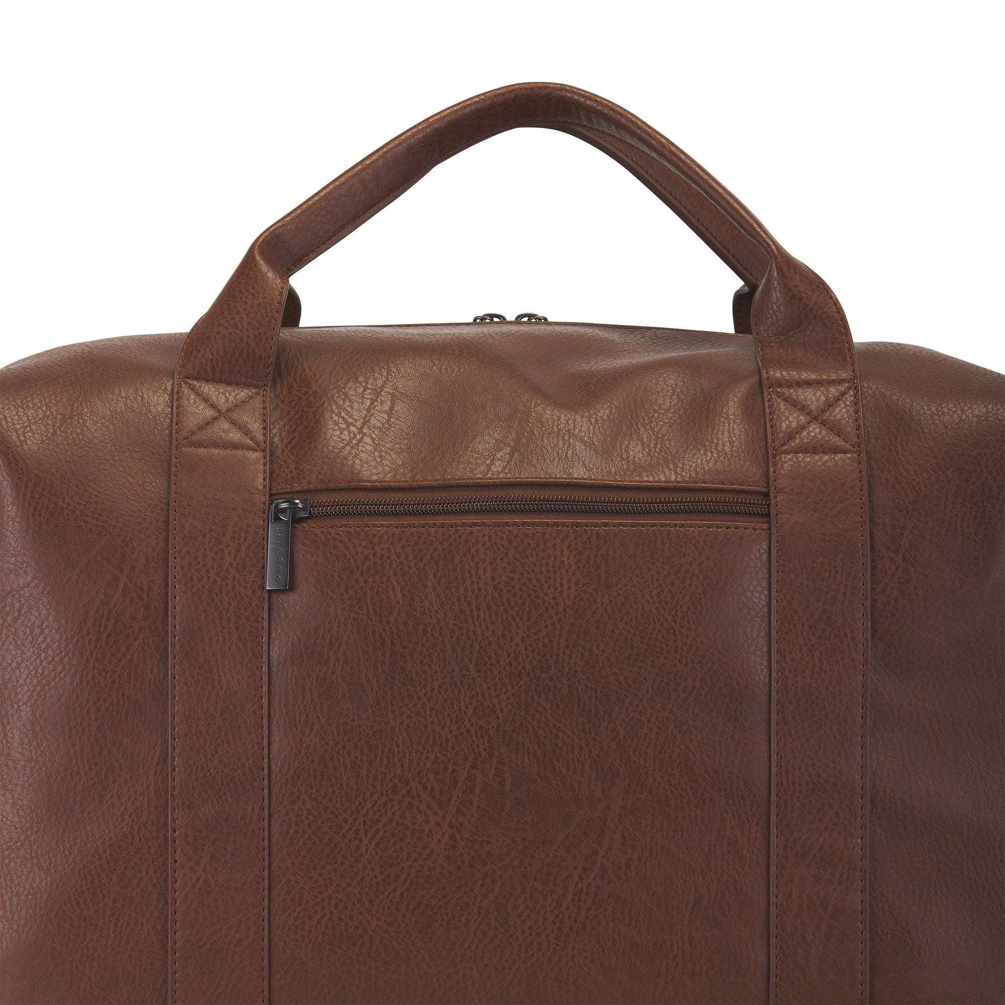 Brown leather duffel bag with a visible zipper on a white background