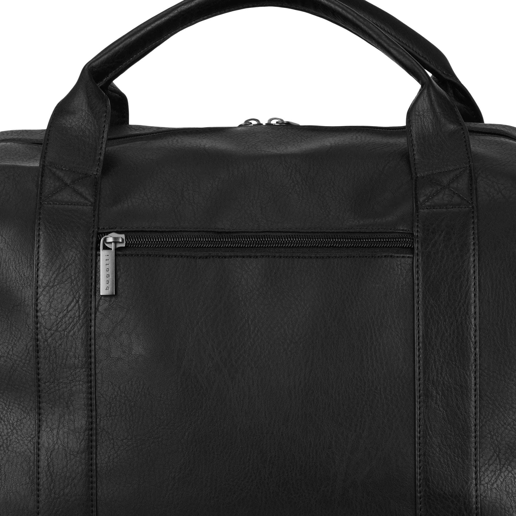 Black leather duffel bag with a zipper on a white background