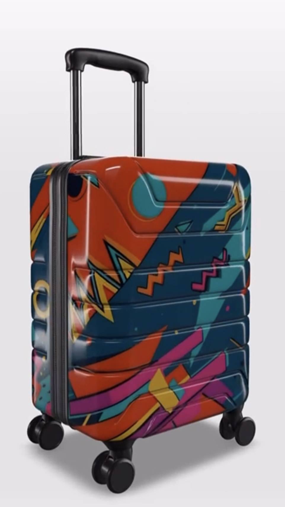 Colorful suitcase with geometric pattern on a light gray background
