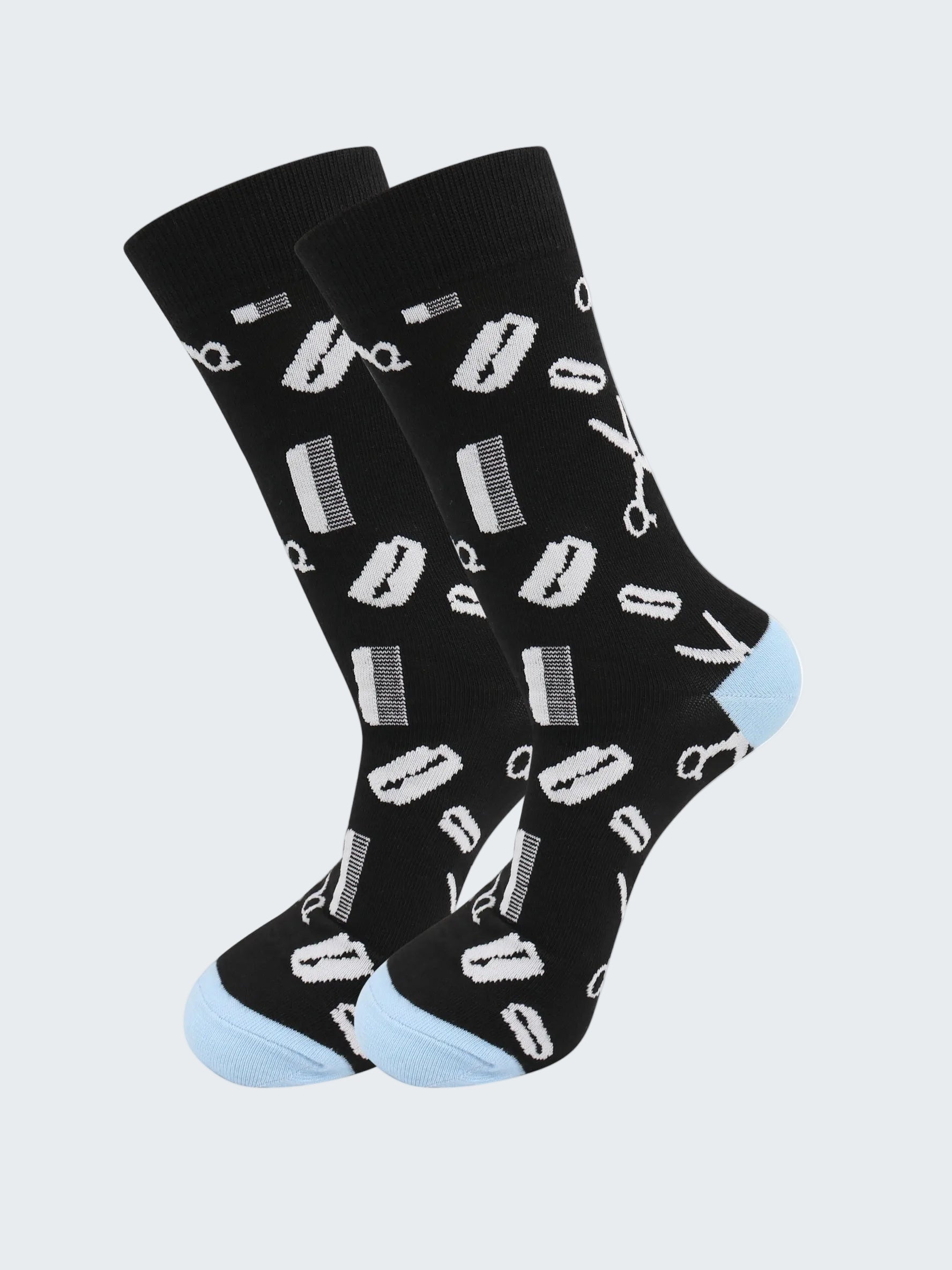 Black socks with white pattern on a white background