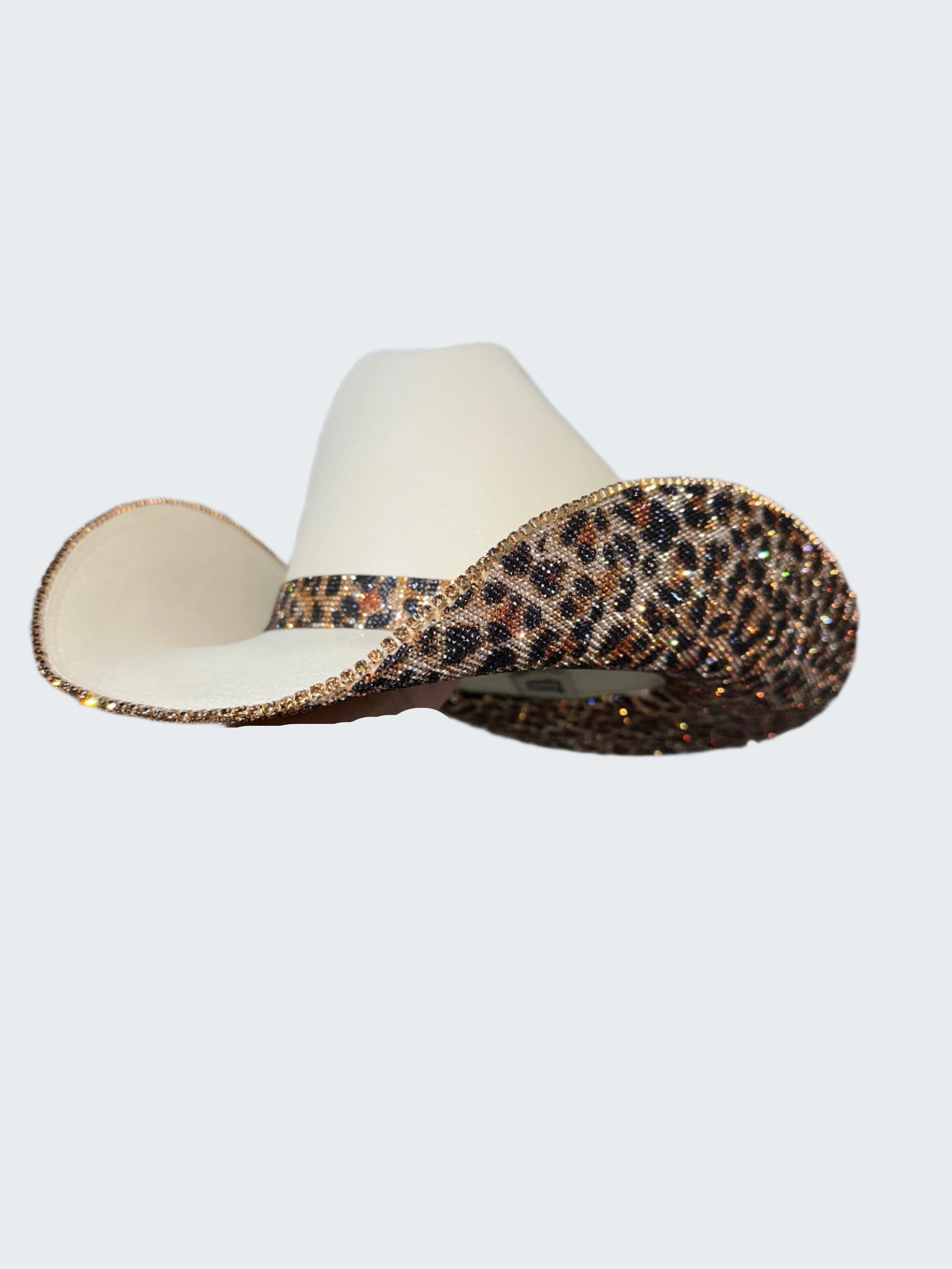 Hand holding a decorative shoe with leopard print trim against a sparkling background