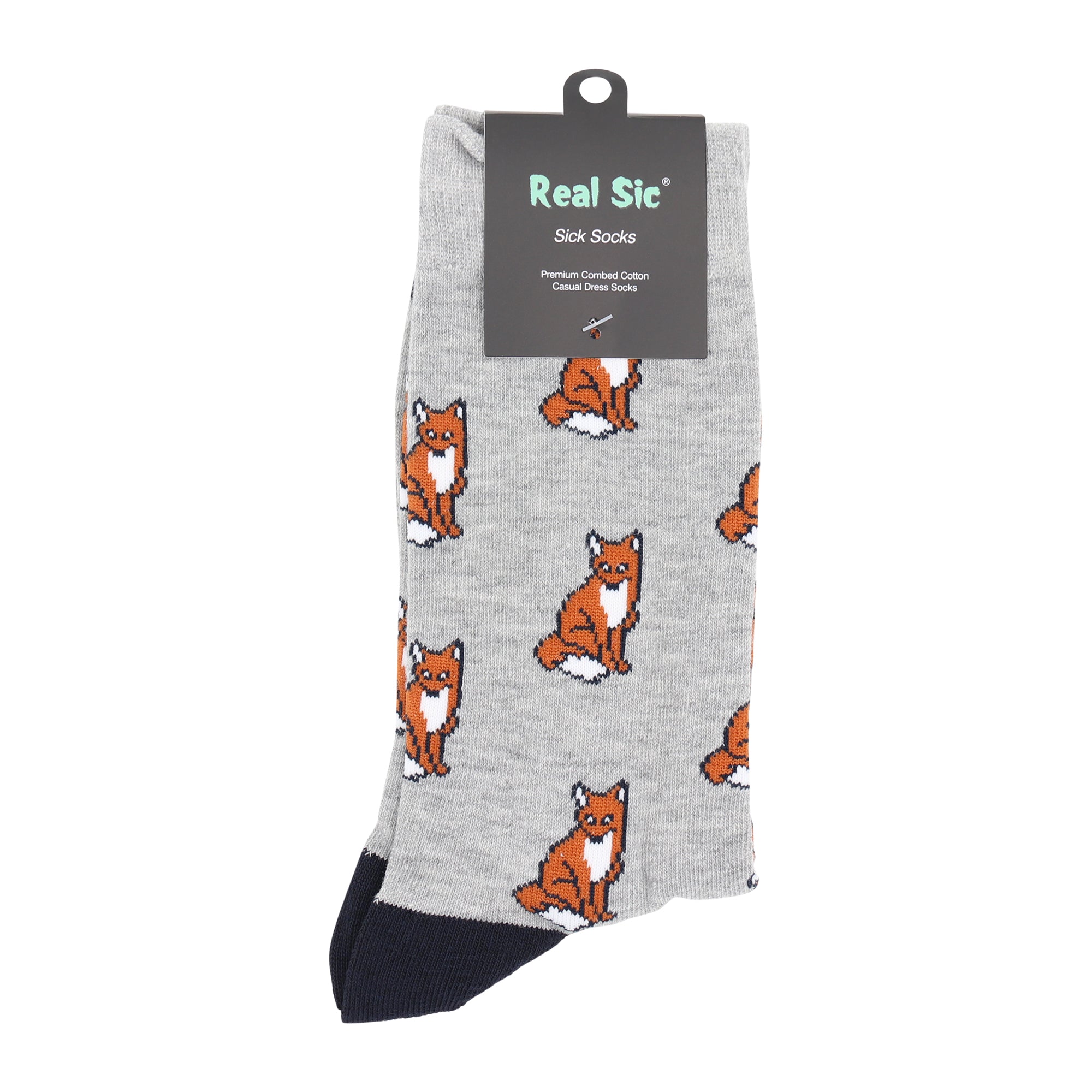 Gray sock with fox pattern and 'Real Sic' label on a white background